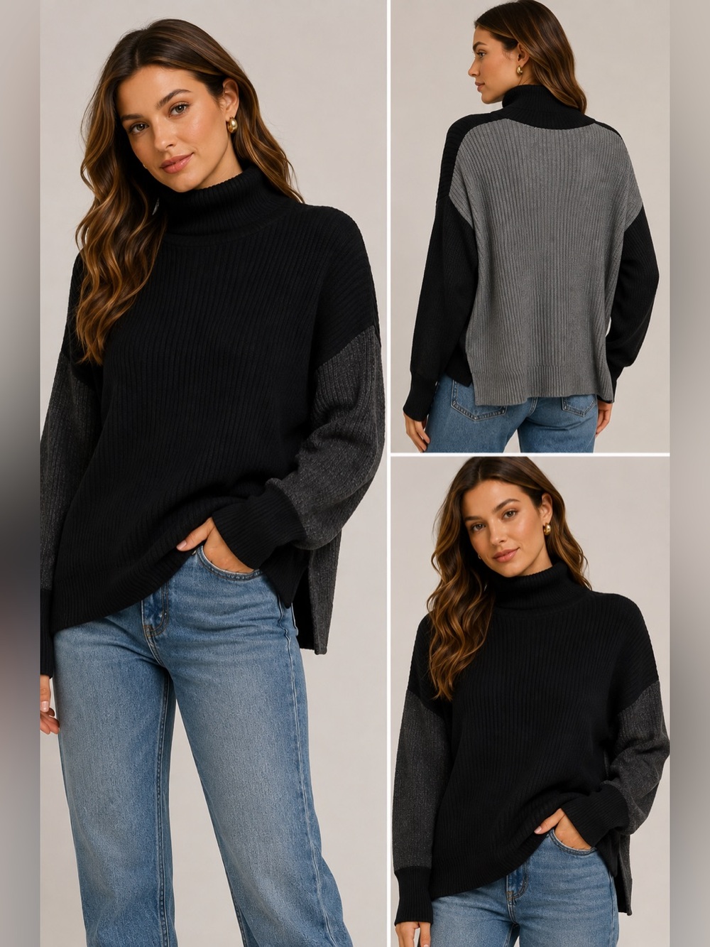 Black Gray Colorblock Ribbed Turtleneck Sweater Women’s L